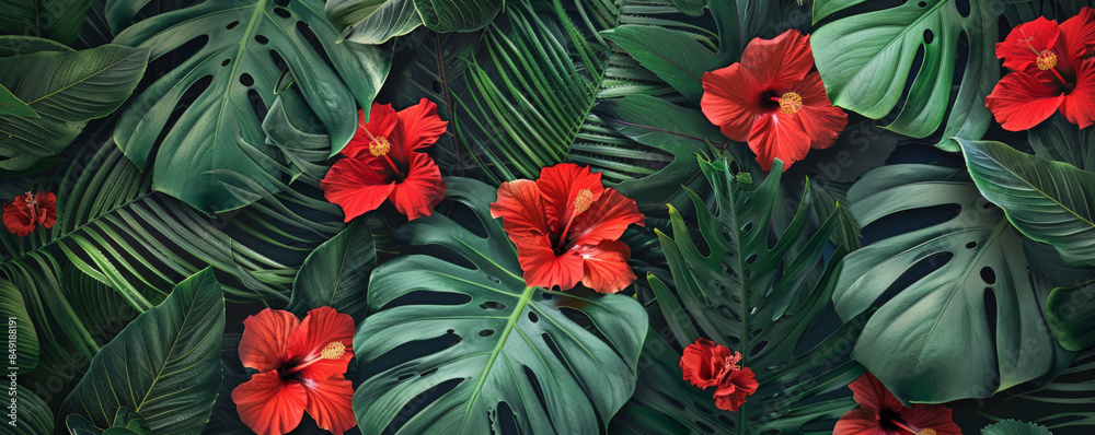 Tropical background featuring a mix of green palm leaves and bright red ...