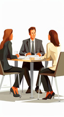 Wall Mural - A man and two women, sitting around a table, the man is in the middle, and the two women at left and at right, there is a paper on the table, workplace communication, no background, big pitfalls, whit