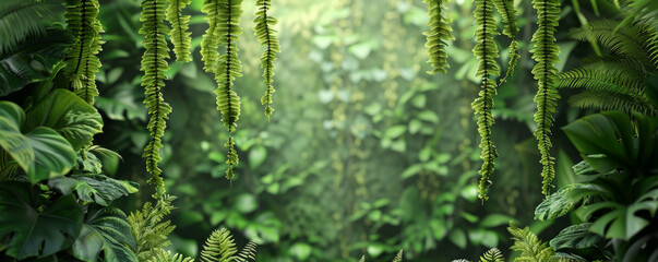 Tropical background with lush green ferns and cascading vines: Dense and vibrant, ideal for a jungle theme