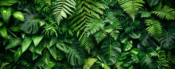 Tropical background with lush green ferns and cascading vines: Dense and vibrant, ideal for a jungle theme