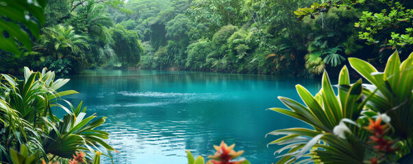 Wall Mural - Tropical background with serene blue lagoon surrounded by lush greenery and flowers: Idyllic and tranquil, perfect for a tropical retreat