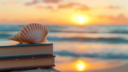 Wall Mural - a seashell rests on top of a stack of books on a beach at sunset.