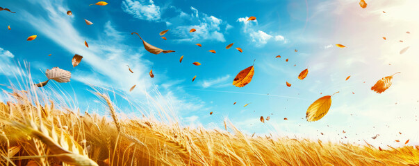 Wall Mural - Vibrant autumn background with a field of golden wheat, a bright blue sky, and scattered leaves.