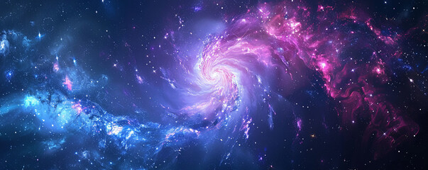 Vivid space background with swirling blue and purple nebulae, bright stars, and distant galaxies.