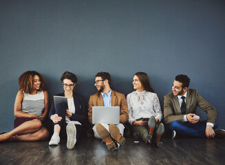 Aufkleber - Businesspeople, line and happy communication or wall, connection and tech with employees for online networking. Discussion, mock up and creative agency for interview, together and job opportunity