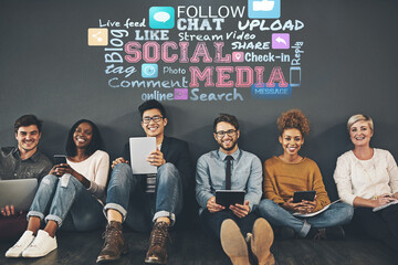 Poster - Happy people, portrait and creative team with technology for social media or online marketing on a wall background. Group of young employees with smile for networking or startup together at office