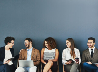 Leinwandbilder - Business, employee and office queue with devices, connection and tech with people for online networking. Recruitment, line up and creative agency for opportunity, communication and job interview