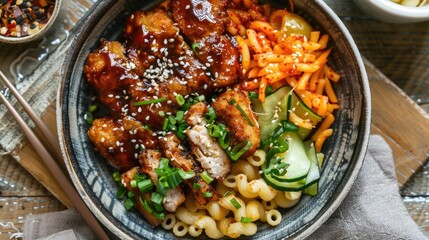 Korean style pork cutlet with a flavorful sauce mixed vegetables and macaroni