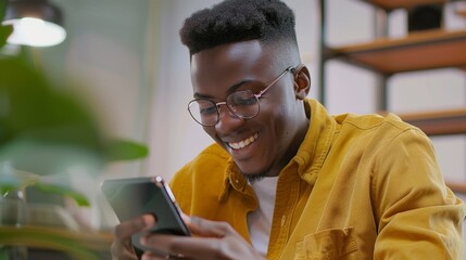 Photo of sending a message to a friend Side view of a cheerful young African American man holding a mobile phone and smiling while sitting at his office.
