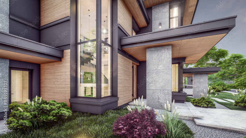 3d rendering of modern two story house with gray and wood accents ...