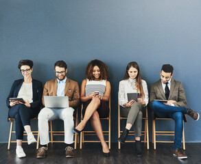 Poster - Human resources, technology and business people in waiting room for interview, meeting or recruitment on chair. Hiring, diversity and candidates in office for opportunity, onboarding or employment