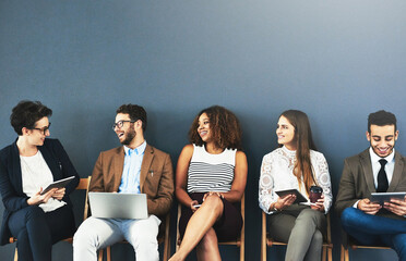 Poster - Businesspeople, connect and office wall with devices, communication and tech with employees together. Online networking, recruitment and line up for creative agency, opportunity and job interview