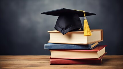 Graduation hat and stack of study books. with copy space