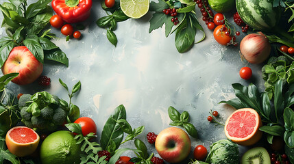 Wall Mural - Fresh Organic Fruits and Vegetables Arrangement on Rustic Background with Copy Space for Text