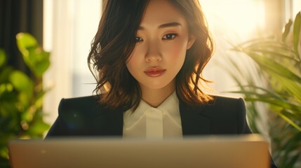 Young, confident Asian businesswoman perusing the internet at an office alone. Dedicated creative professional networking and desk emailing clients. Working entrepreneur