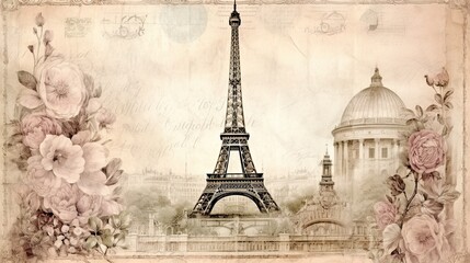 Wall Mural - cozy paris street with view on the famous eiffel tower, paris france, vintage postcards