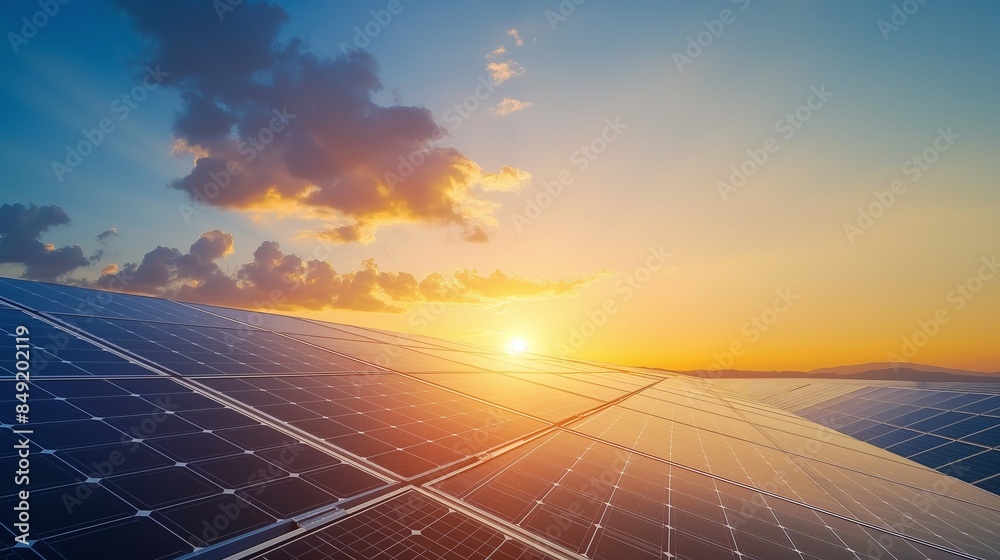 Solar panels with a blue sky background. Solar cells farm on the roof ...