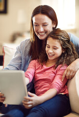 Poster - Girl child, mom and selfie on sofa for post on social media, profile picture or content creation for personal blog. Mother, kid and photography in home with love for bonding, happiness and embrace.