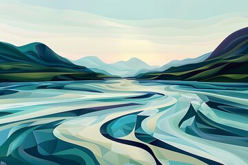 Wall Mural - A geometric river, with flowing shapes and ripples in a serene landscape