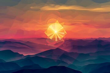 Wall Mural - A geometric sunrise over mountains, with the sun as a radiant, polygonal shape