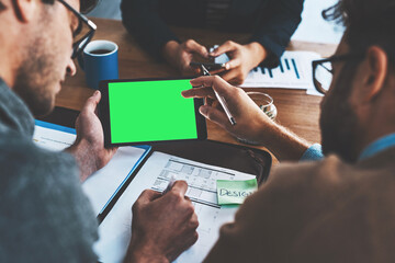 Poster - Tablet, green screen and people together for meeting in office, collaboration or planning for company pitch. Mobile tech, app and chroma key with hands for logo, review or mock up for accounting