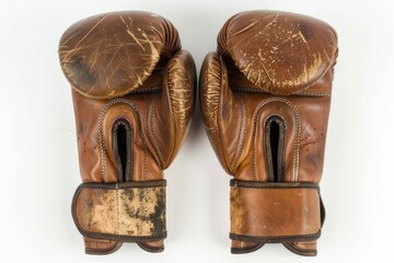 Wall Mural - aged leather boxing gloves isolated on white background