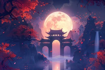 Wall Mural - chinese style background, fantasy world illustration style, full moon, dark red and orange color sch