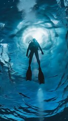 Aufkleber - Silhouette of a scuba diver in the ocean with light beams filtering through the water. Adventure and underwater exploration concept
