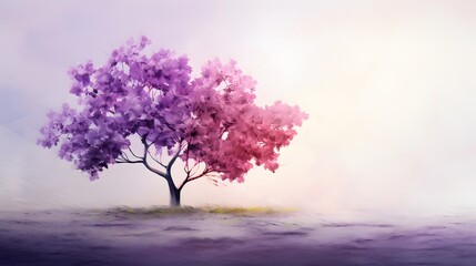 watercolor scene of two trees, spring blossoms, middle space, solid purple background