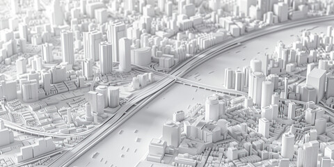 Poster - Birds Eye view of a modern city. Urban concept. White clay 3D rendering. Created with Generative AI technology.