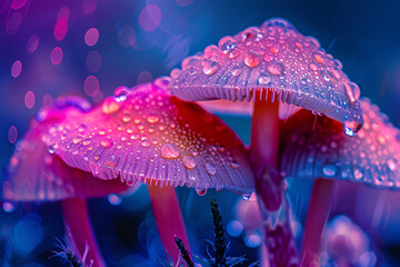 Wall Mural - a group of pink mushrooms with water droplets on them