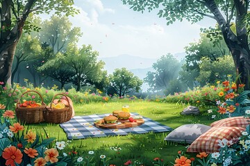 Wall Mural - Cheerful picnic with blanket, food, and clear blue sky.