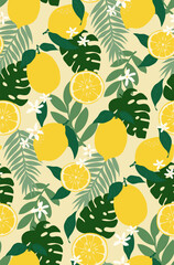 Wall Mural - Citrus fruit and tropical leaves jungle seamless pattern. Retro groovy lemons with palm and monstera leaves design for fabric prints. Vector illustration.