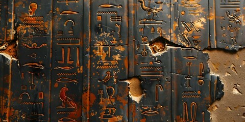 Ancient wall with cracks and hieroglyphs. Concept Ancient Architecture, Historical Landmarks, Archaeological Sites