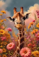 Wall Mural - A happy giraffe in a zoo full of flowers..