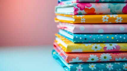 A stack of colorful fabric with various patterns in a close-up view.