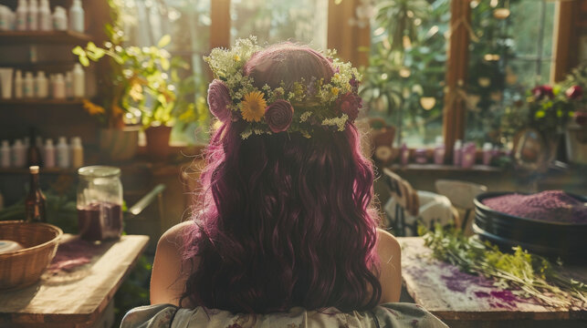 A woman with purple hair is sitting at a table with a flower crown on her head