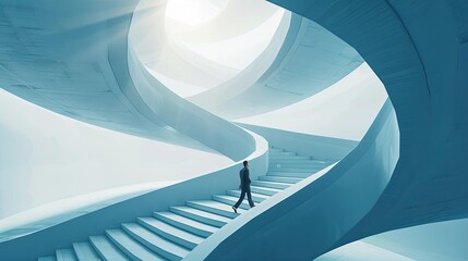 businessman walk upwards on the spiral stair, light blue color background