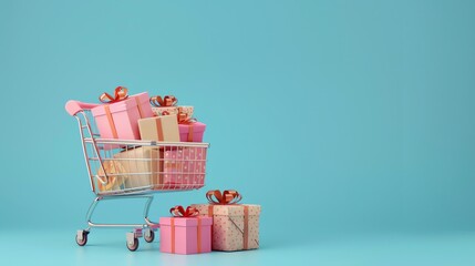 Poster - A shopping cart filled with colorful gift boxes on a light blue background.