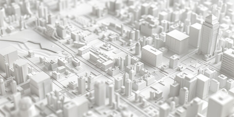 Poster - Birds Eye view of a modern city. Urban concept. White clay 3D rendering. Created with Generative AI technology.