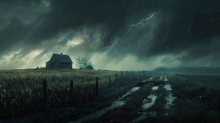 Wall Mural - Overcast and storms Over Farm House and Fields