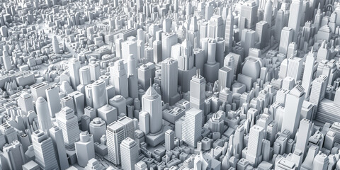 Poster - Birds Eye view of a modern city. Urban concept. White clay 3D rendering. Created with Generative AI technology.