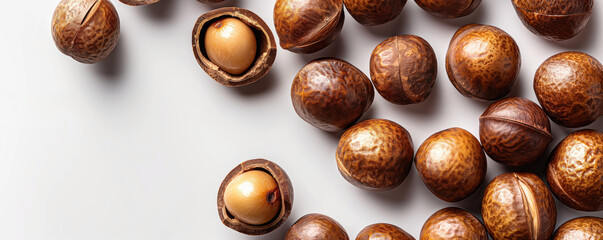 Wall Mural - Macadamia Nuts on White Background Whole and Halved Nuts in Scattered Arrangement.
