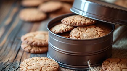 Sticker - Cookies Stored in Metal Container Biscuits Encased in Tin with Vibrant Lid Circular Box Uncovered Displaying Cookies on Wood Surface