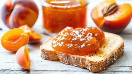 Wall Mural - Apricot jam spread on a slice of toast and a ripe apricot and peach placed on a white tabletop