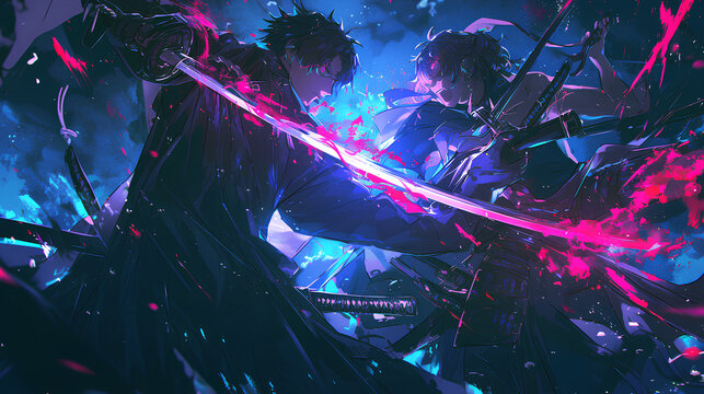 anime man carrying sword epic fight psychedelic background