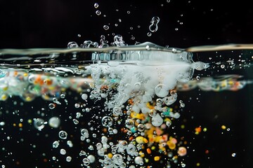 Wall Mural - A high-speed capture of a fizzy tablet dissolving in water, creating bubbles and foam