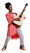 © master1305 - Solo. Stylish african woman wearing vintage style bright clothes playing guitar isolated on transparent background. Vintage fashion, music, art, emotions, music festival concept.