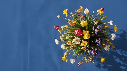 Bouquet of spring flowers on a blue background top view