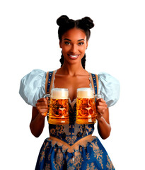 Wall Mural - A beautiful African girl in a traditional German national costume holds two mugs of foamy beer in her hands while celebrating the Bavarian holiday Oktoberfest.